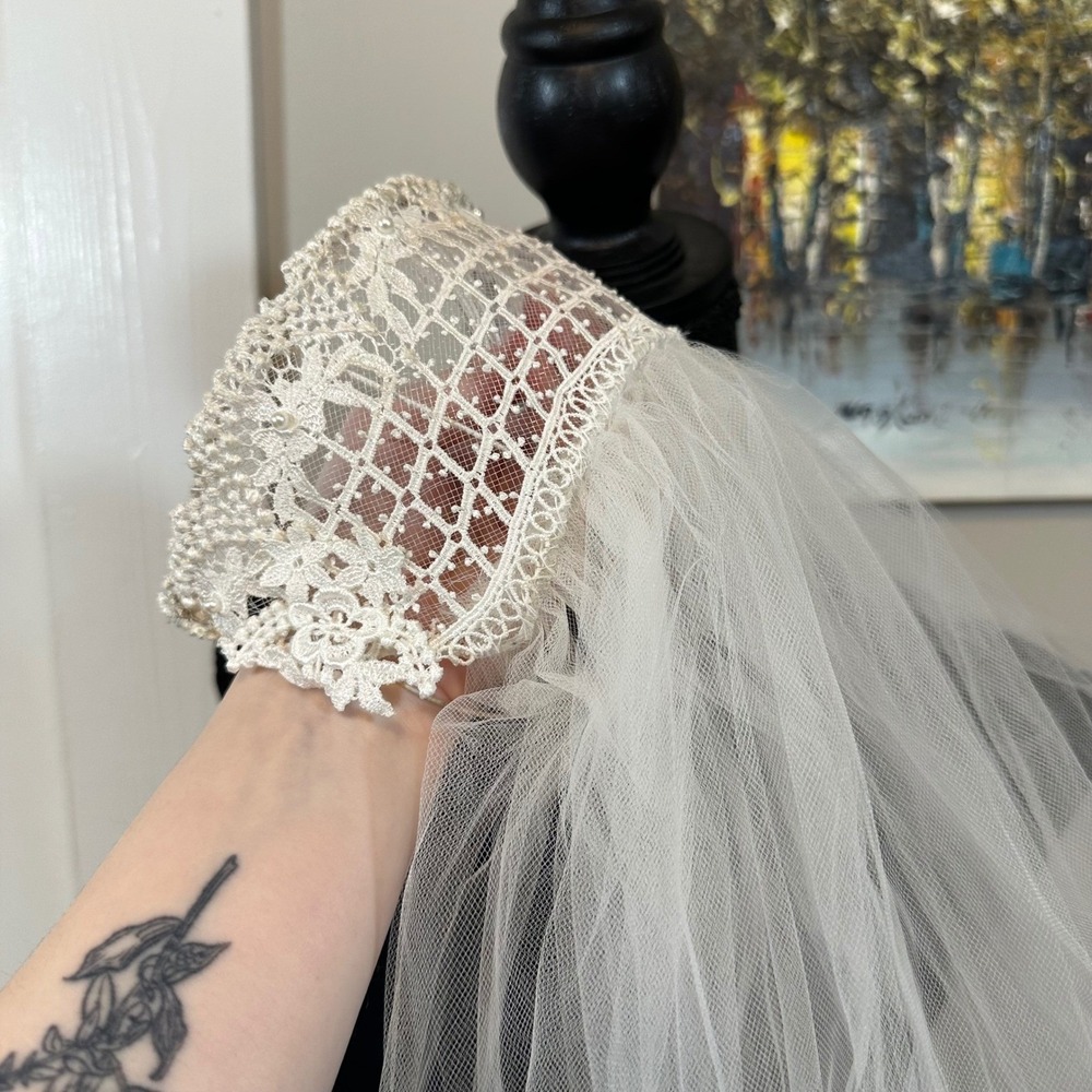 Vintage Juliet Cap Wedding Veil Lace Pearl Accents Boho Bridal Headpiece White